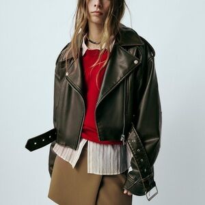 ZARA Brown Leather Motto Jacket